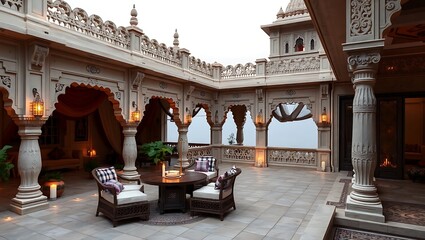 Naklejka premium Indian royal-style terrace with carved stone elements, fabrics, and candlelight