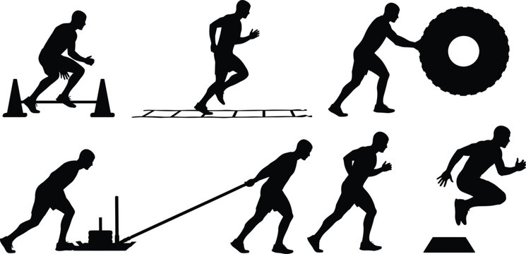 Athletic Training Silhouette Collection with Sprint Agility Tire Flip Sled Push and Plyometric Workout Exercises