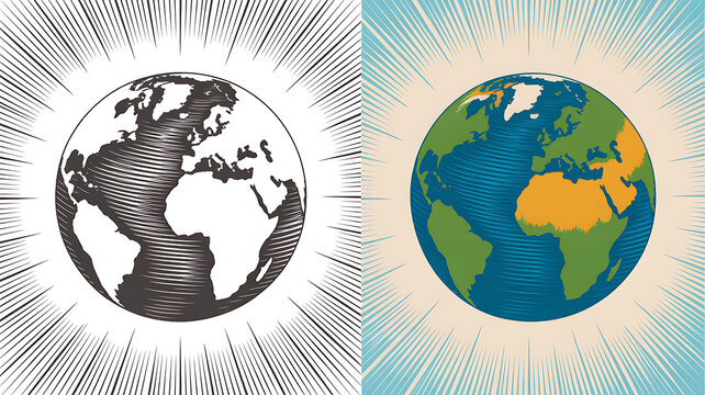 Global Perspectives: A striking split-screen showcasing two distinct visualizations of the Earth, one in a monochromatic style and the other in vibrant color.
