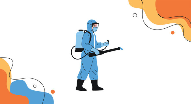 Pest control professional wearing a full hazmat suit and mask spraying disinfectant to sanitize the environment.