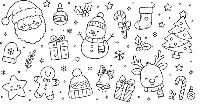 Christmas and symbols, black and white line festive holiday line black and white santa snowman
