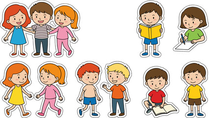 Naklejka premium Cartoon School Children Sticker Set with Kids Reading Writing and Playing for Education Preschool Classroom Decor Primary Student Learning and Social Activity Design Elements
