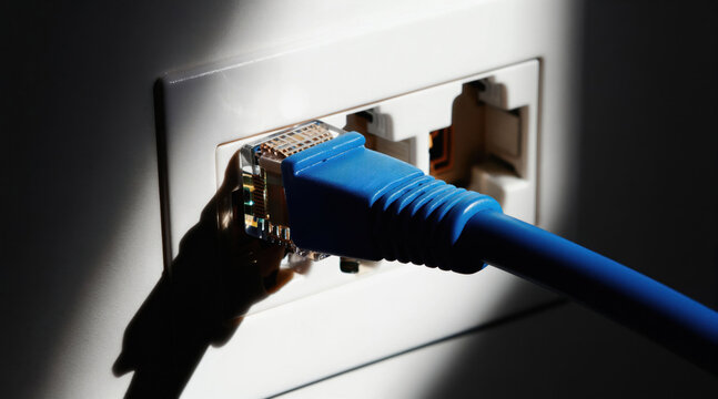 Blue ethernet cable connects to wall jack, symbolizing digital life and constant data flow. Dramatic light and shadow create contrast, highlighting tech connectivity.