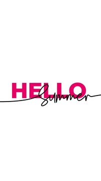 Animated Hello Summer mixed typography reveal with bold pink uppercase and black cursive script on white. 4K portrait 50fps. Perfect for summer social media stories