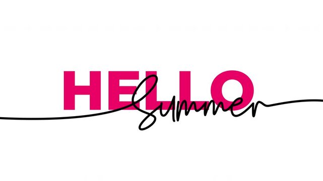 Animated Hello Summer mixed typography reveal with bold pink uppercase and black cursive script on white. Perfect for summer social media stories