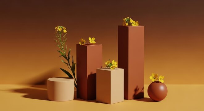 Minimalist product display pedestals with yellow flowers in a warm earthtoned studio setting
