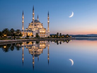 Naklejka premium Beautiful white mosque at sunset reflected in still water under glowing crescent moon in evening sky.