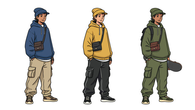 Three stylish young men in casual streetwear, each with unique color schemes and accessories, standing confidently.