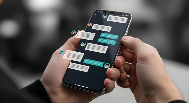 Close up of hands holding a smartphone displaying a social media chat app with floating message bubbles, symbolizing digital communication and modern networking.