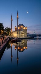 Naklejka premium Beautiful ottoman style mosque by bosphorus strait with bridge and boat reflection at dusk light glow.