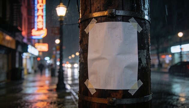 Blank white poster taped to a wet city lamppost on a rainy night with neon lights reflecting on the street