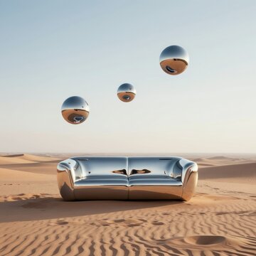Chrome sofa sits on sand dune with floating metallic spheres above. Vast desert landscape, clear sky, abstract futuristic scene. Minimalist, glossy, sci-fi decor concept, isolation.