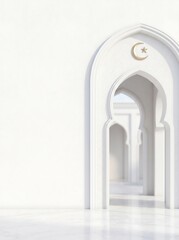 Fototapeta premium Elegant Islamic archway with crescent moon and star symbol, clean white interior with marble floor.