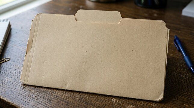 Empty manila file folder on a rustic wooden desk, top view, office supplies, blank document holder for business organization, mockup background