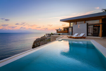 Fototapeta premium Luxury Infinity Pool Overlooking Ocean at Sunset with Modern Cliffside Villa and Lounge Chairs