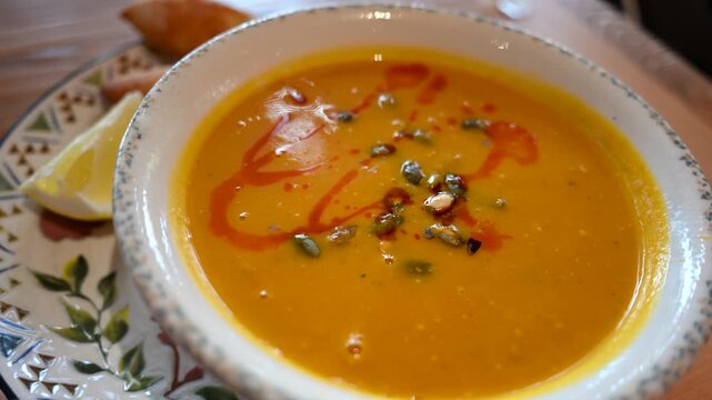 Pumpkin soup with chili oil and roasted seeds served with crusty bread and fresh lemon slice video.