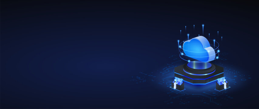Cloud computing isometric vector illustration. cloud computing technology concept with digital data storage and engineering, concept web banner.