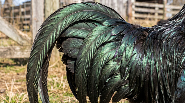 A hyper-detailed macro photograph of a Black Australorp rooster in the sun. The focus is sharp on the metallic beetle-green and violet iridescence of its tail feathers. 
