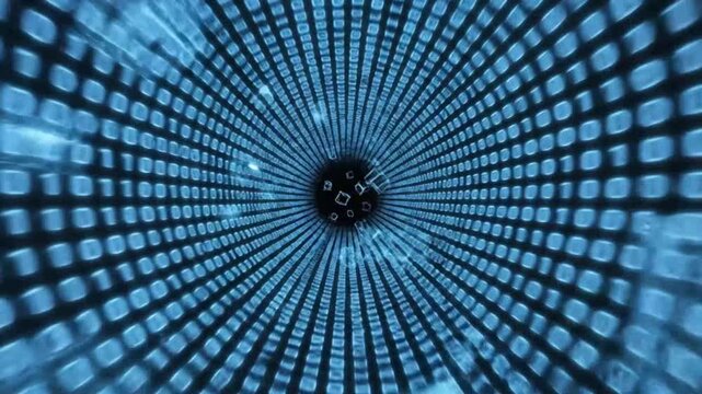 Digital tunnel with glowing cubes and binary code symbolizing digital transformation and future innovation