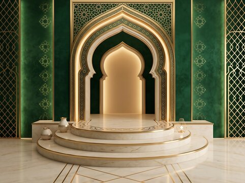 Empty marble tiered display stage inside grand traditional middle eastern style arch with patterns.
