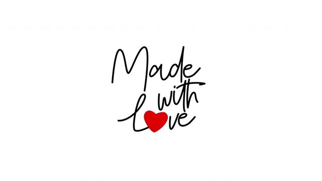 Animated made with love handwriting reveal with red heart replacing letter O. Elegant cursive script on white. Perfect for brand and food videos