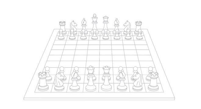 Chessboard with pieces set up, strategic game, intellectual challenge, monochrome line art