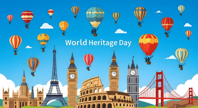 Colorful hot air balloons flying over landmarks on heritage day