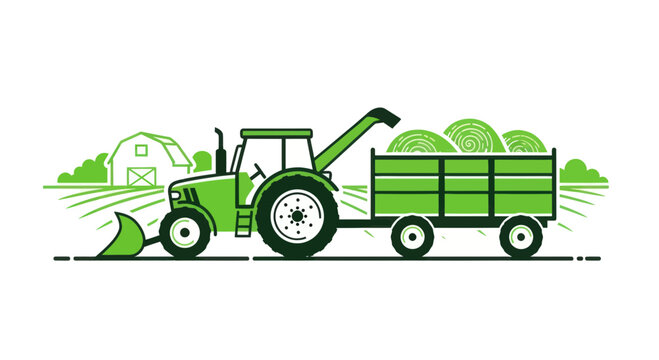 Green tractor loading hay bales into trailer on farm with barn, agriculture concept