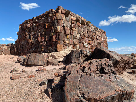 Agate House, reconstructed Puebloan building in Petrified Forest National Park, Arizona. Built almost entirely of petrified wood. Eight-room pueblo of agatized wood laid in a clay mortar.