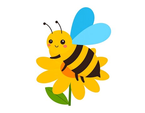 A cartoon bee, with big eyes and a smile, flies near a yellow flower with green stem and leaf. It has blue wings