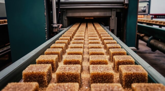 Brown sugar cubes move on automated conveyor belt. Factory production line process. Cubes are packed with refined brawn sugar, ready for distribution. Modern food manufacturing.