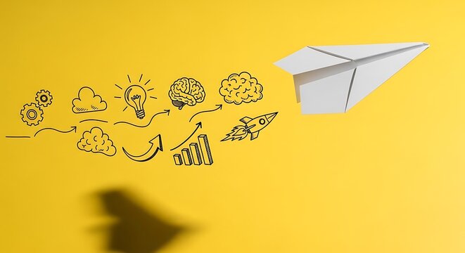 Paper airplane and creative thought process illustrations on yellow background