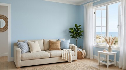 Fototapeta premium Empty Light Blue Wall Mockup in Coastal Interior with Sofa and Pillows. Natural Daylight From a Window. Promotion Background.