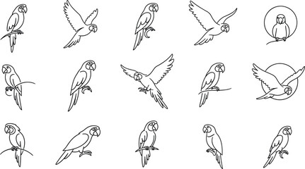 Modern parrot logo collection featuring minimalist geometric line art bird icons in flight and perched for corporate brand identity © AdhinChandra