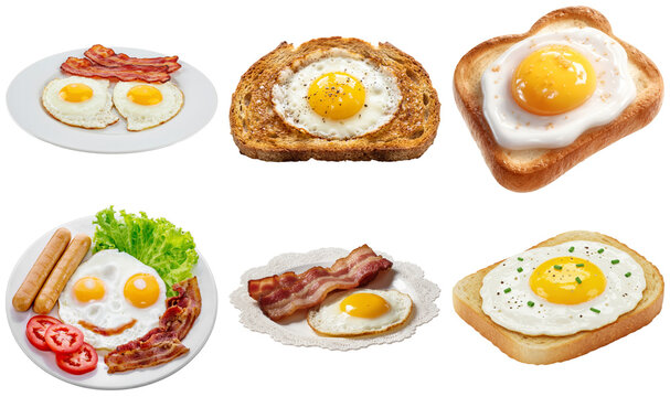 Collage of various fried egg and bacon breakfast dishes, including eggs in toast and a smiley face egg plate.