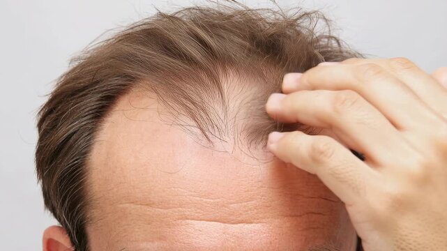 Close-up of a man examining his receding hairline and thinning brown hair on his forehead.