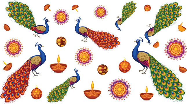 Peacock Diwali vector set featuring majestic birds traditional oil diyas and rangoli mandalas for Indian festival greeting card design
