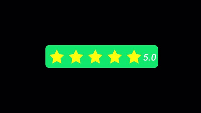 5 star rating review icon sign animation on transparent background, five star rating button animated in 4k.
