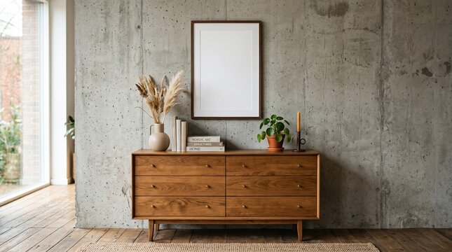 Modern wooden dresser with pampas grass and candles against a concrete wall in a cozy room
