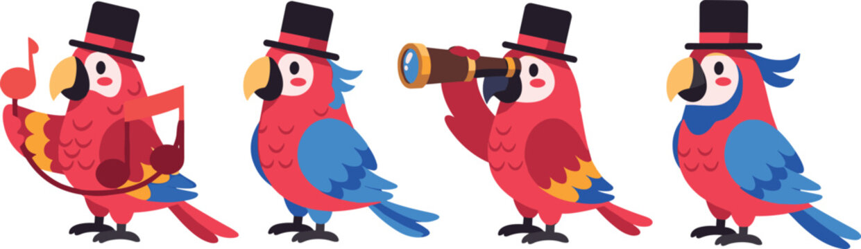 Cartoon Parrot Characters Set with Music, Telescope, and Top Hat Illustrations for Animal, Birds, and Fun Designs