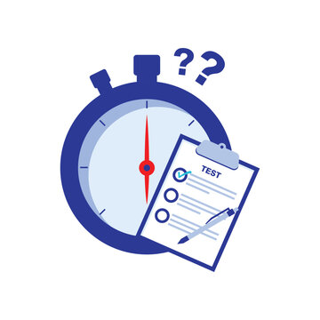 Timed test illustration with stopwatch, clipboard, and exam checklist