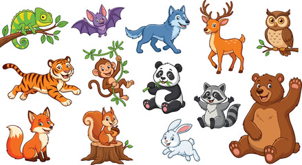 Fototapeta premium Diverse Wildlife Animal Vector Collection Featuring Tiger, Panda, Bear, Wolf, Deer, Fox, and Owl for Children's Educational Books, Stickers, and Nature Themed Designs