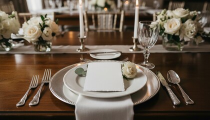 Fototapeta premium Table place setting blank menu card mockup or reserve in wedding invite and special event