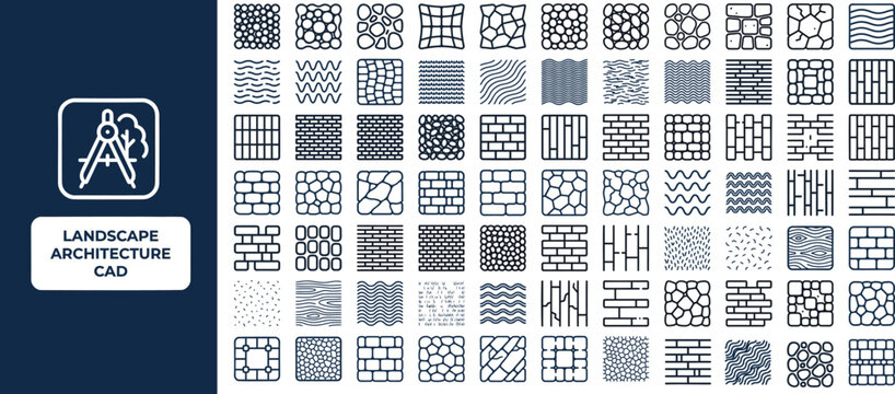 Landscape Architecture and CAD outline icon set. Featuring blueprint, pavement texture, garden plan, tile, and pattern symbols. Editable stroke vector icons for landscape design project.