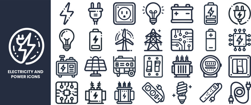 Electricity and Power outline icon set. Featuring plug, bulb, battery, switch, and circuit symbols. Editable stroke vector icons for electrical service and renewable energy industry.
