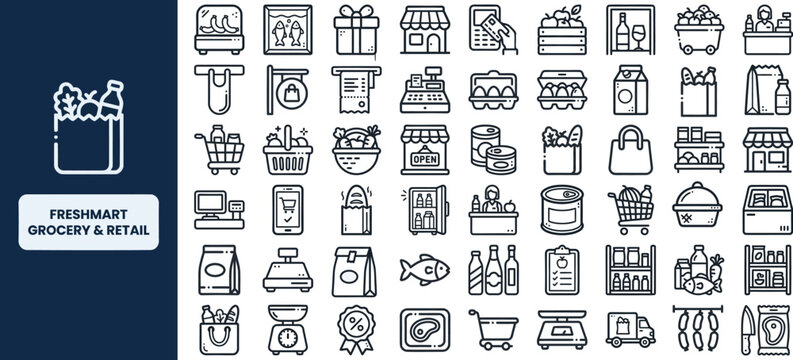 Freshmart Grocery and Retail outline icon set. Featuring supermarket, cart, basket, cashier, and product shelf symbols. Editable stroke vector icons for retail store and food market.