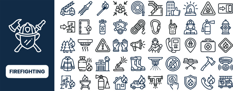 Firefighting and Rescue outline icon set. Featuring fireman, hose, extinguisher, hydrant, and helmet symbols. Editable stroke vector icons for fire department and emergency response.