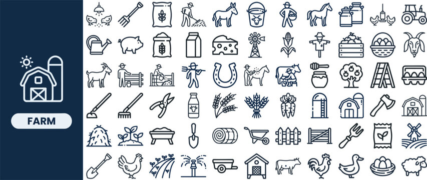 Farm and Agriculture Rural outline icon set. Featuring tractor, barn, crop, livestock, and field symbols. Editable stroke vector icons for farming business and organic food production.
