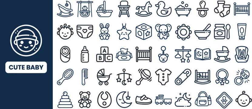 Cute Baby and Newborn Care outline icon set. Featuring bottle, pacifier, stroller, toy, and crib symbols. Editable stroke vector icons for baby shop and parenting guide design.