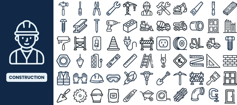Construction Worker and Building Site outline icon set. Featuring helmet, hammer, drill, crane, and tool symbols. Editable stroke vector icons for engineering and architecture design.